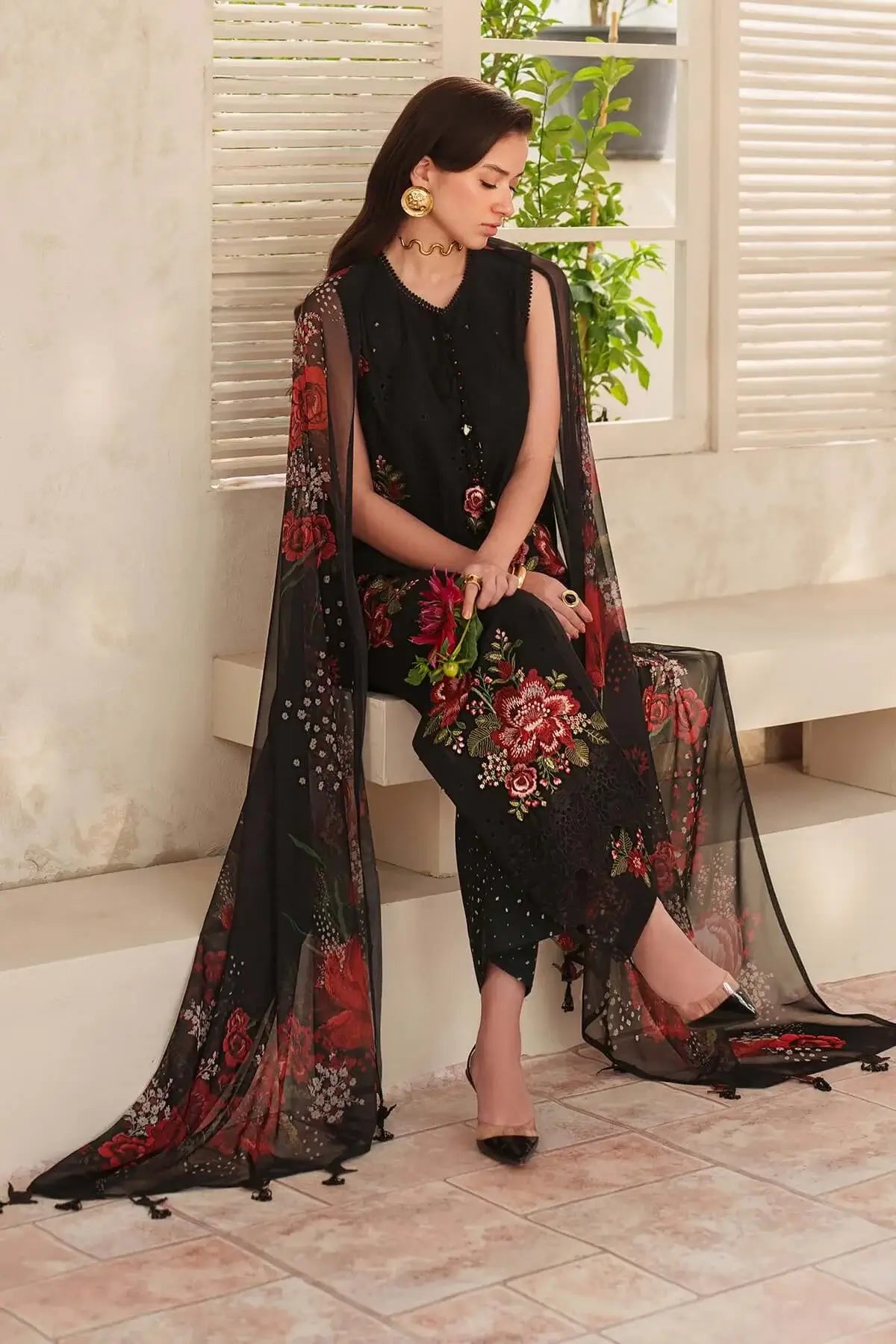 3 Piece Unstitched Embroidered Lawn Suit with Printed Lawn Dupatta