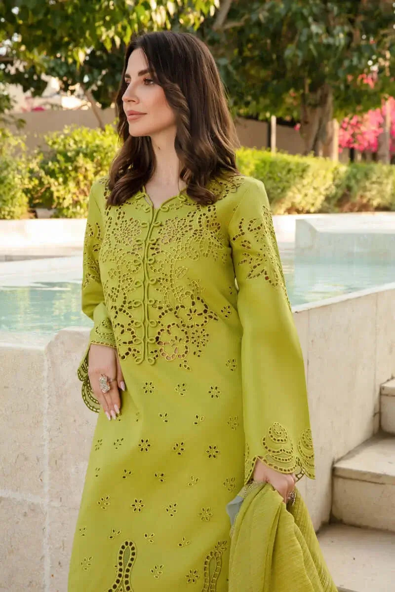 3 Piece Unstitched Heavy Embroidered Chickan Kari Lawn Suit with Four-sided Embroidered Organza Dupatta