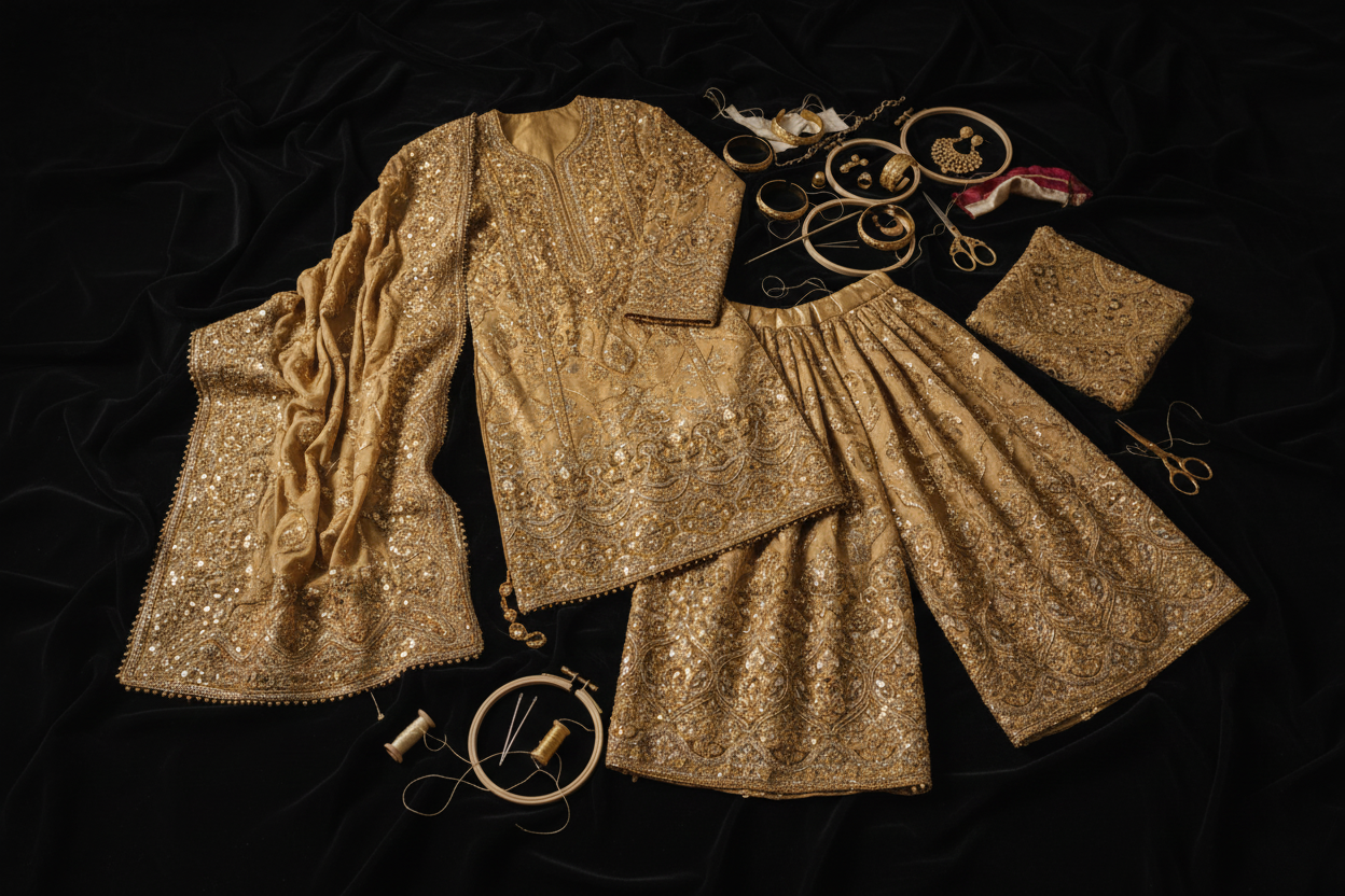 Golden Bridal Suit Flat Lay