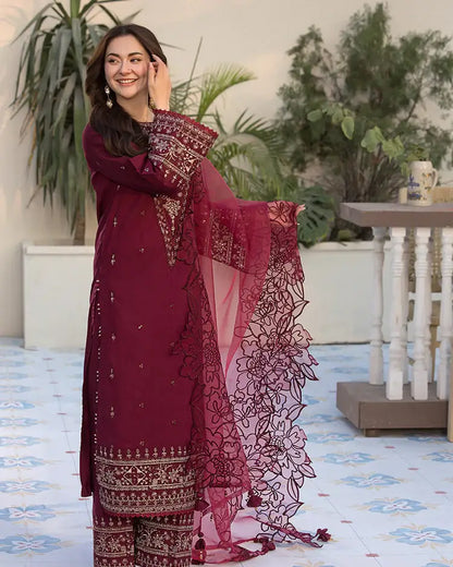 3 Piece Unstitched Heavy Embroidered Lawn Suit with Four-sided Embroidered Organza Dupatta