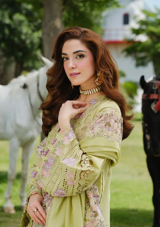 3 Piece Unstitched Heavy Embroidered Chickan Kari Lawn Suit with Four-sided Embroidered Cotton Net Dupatta