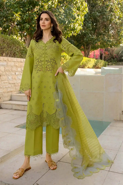 3 Piece Unstitched Heavy Embroidered Chickan Kari Lawn Suit with Four-sided Embroidered Organza Dupatta