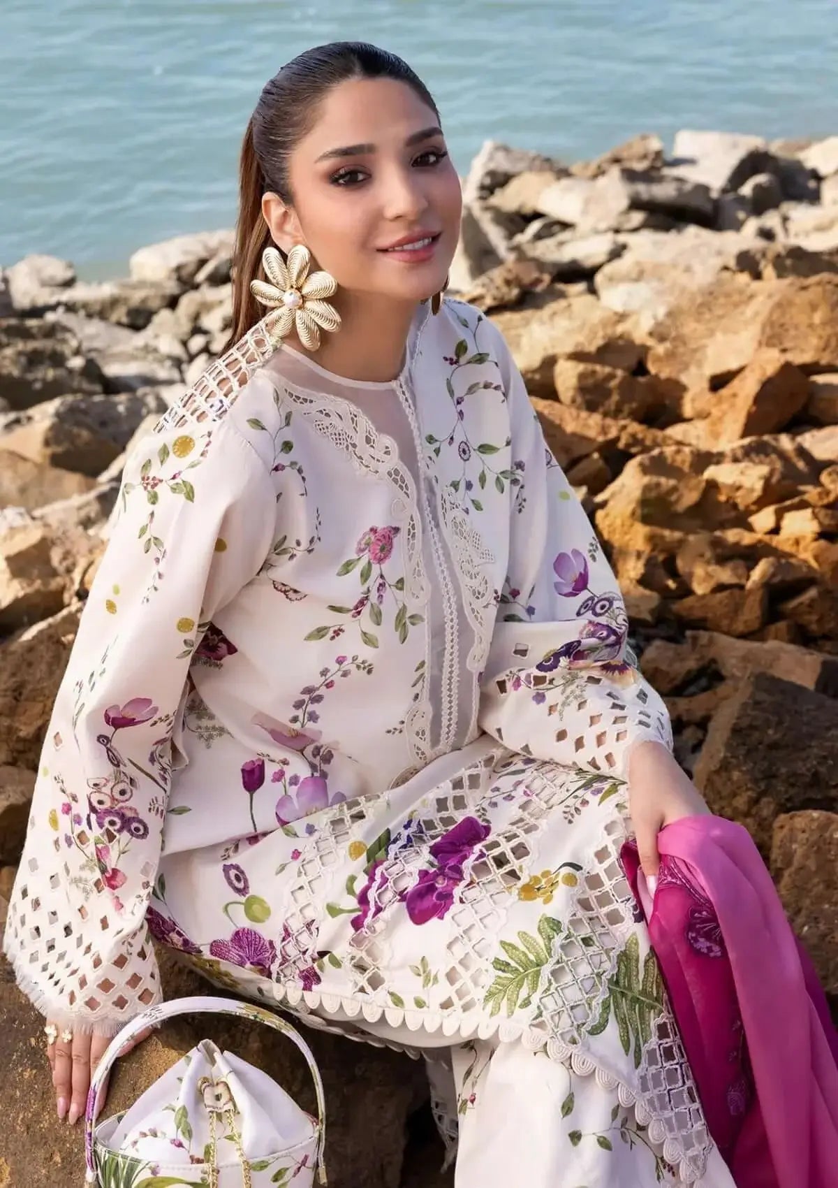 3 Piece Unstitched Heavy Embroidered Lawn Suit with Four-sided Embroidered Cotton Net Dupatta