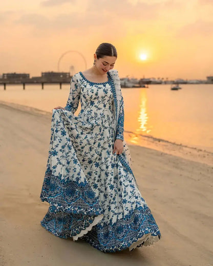 3 Piece Unstitched Heavy Embroidered Lawn Maxi with Four-sided Embroidered Organza Dupatta