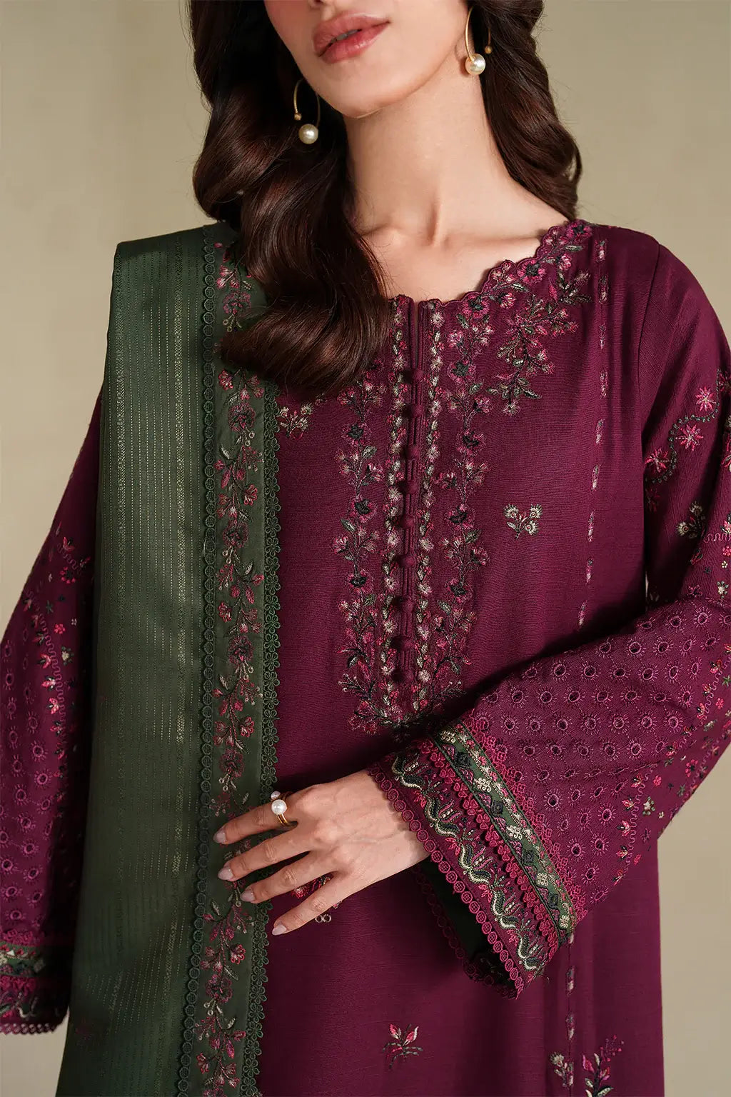 3 Piece Unstitched Heavy Embroidered Lawn Suit with Four-sided Embroidered Lawn Dupatta