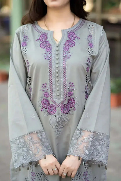 3 Piece Unstitched Heavy Embroidered Lawn Suit with Four-sided Embroidered Chiffon Dupatta