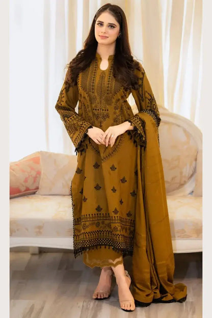3 Piece Unstitched Heavy Embroidered Lawn Suit with Four-sided Embroidered Lawn Dupatta