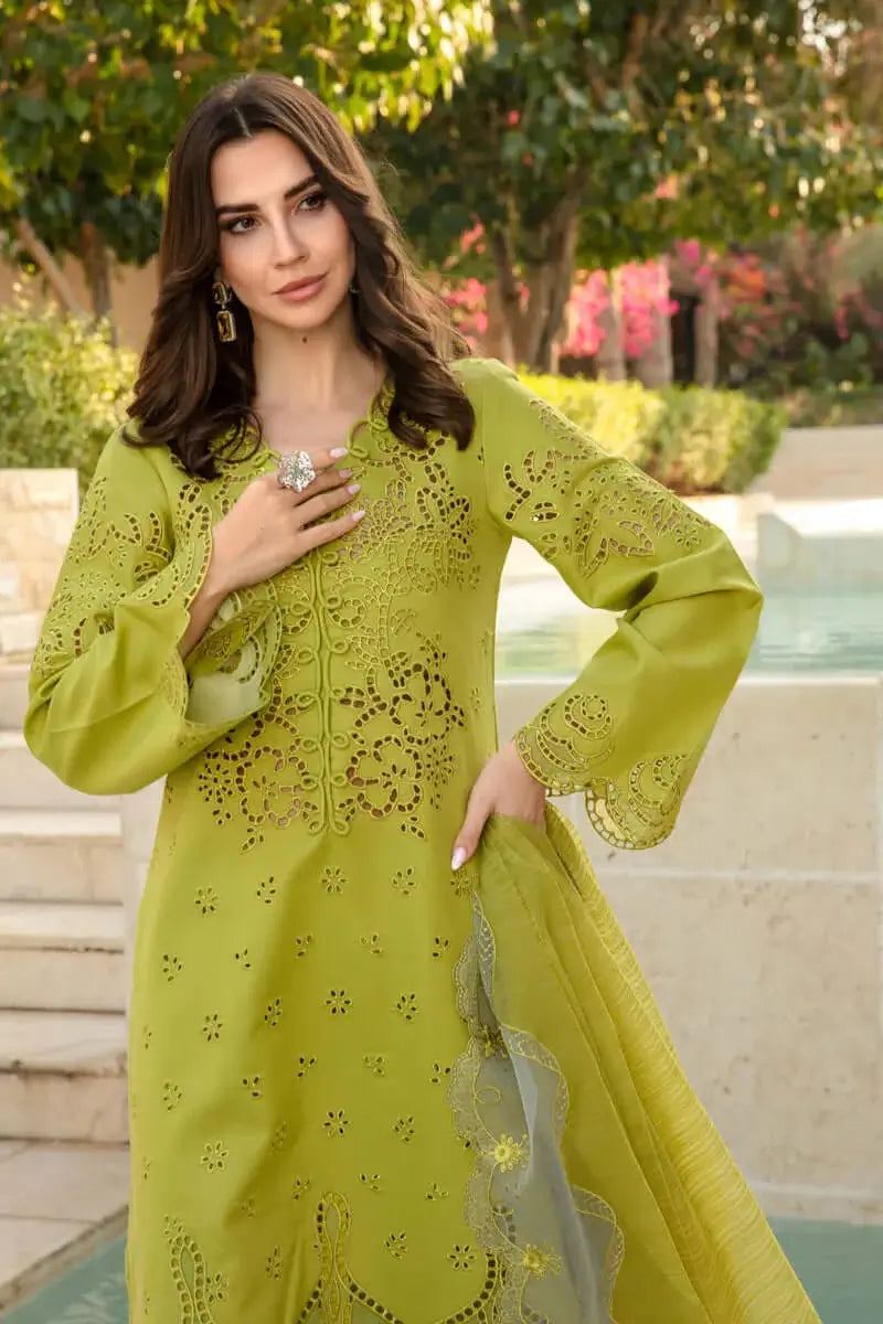 3 Piece Unstitched Heavy Embroidered Chickan Kari Lawn Suit with Four-sided Embroidered Organza Dupatta