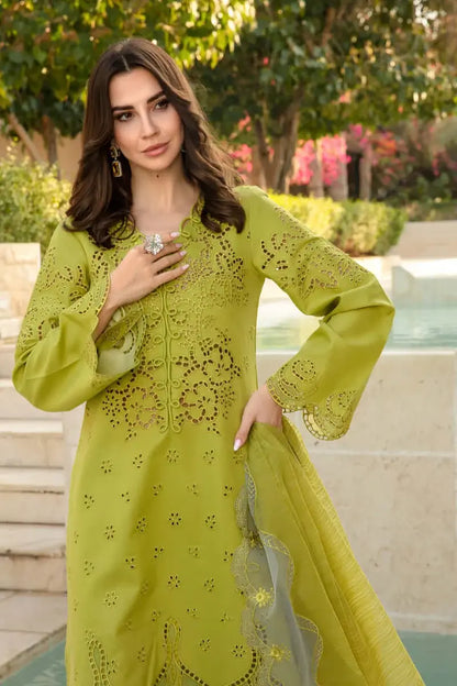 3 Piece Unstitched Heavy Embroidered Chickan Kari Lawn Suit with Four-sided Embroidered Organza Dupatta