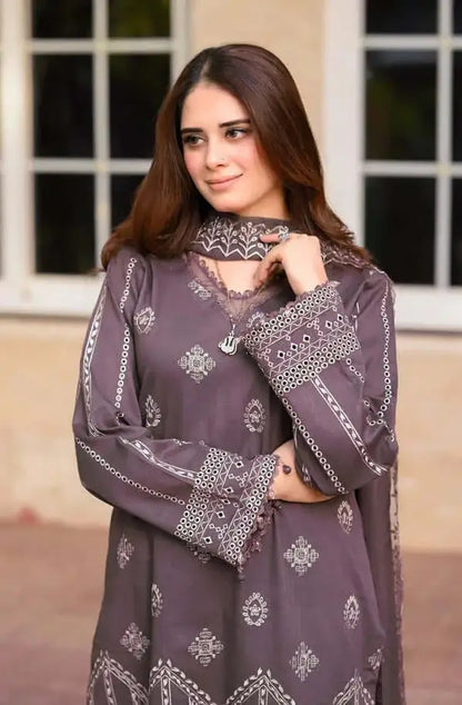 3 Piece Unstitched Heavy Embroidered Lawn Suit with Heavy Embroidered Chiffon Dupatta