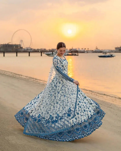 3 Piece Unstitched Heavy Embroidered Lawn Maxi with Four-sided Embroidered Organza Dupatta