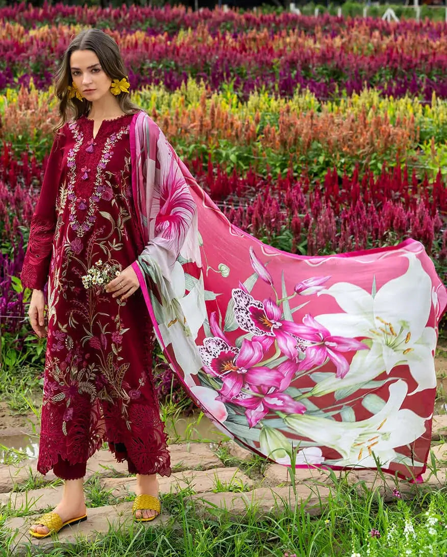 3 Piece Unstitched Heavy Embroidered Chickan Kari Lawn Suit with Fine Printed Silk Dupatta