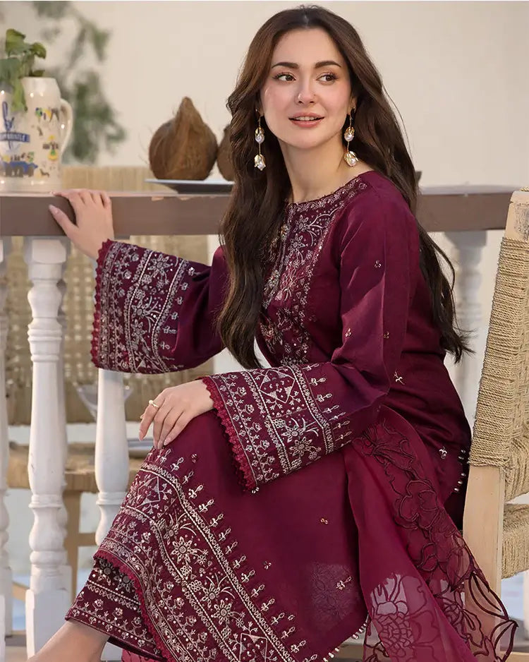 3 Piece Unstitched Heavy Embroidered Lawn Suit with Four-sided Embroidered Organza Dupatta