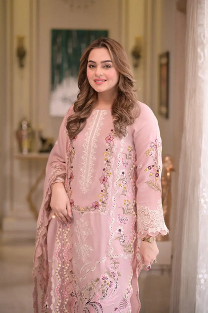 3 Piece Unstitched Heavy Embroidered Chickan Kari Lawn Suit with Four-sided Embroidered Lawn Dupatta