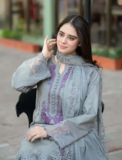 3 Piece Unstitched Heavy Embroidered Lawn Suit with Four-sided Embroidered Chiffon Dupatta