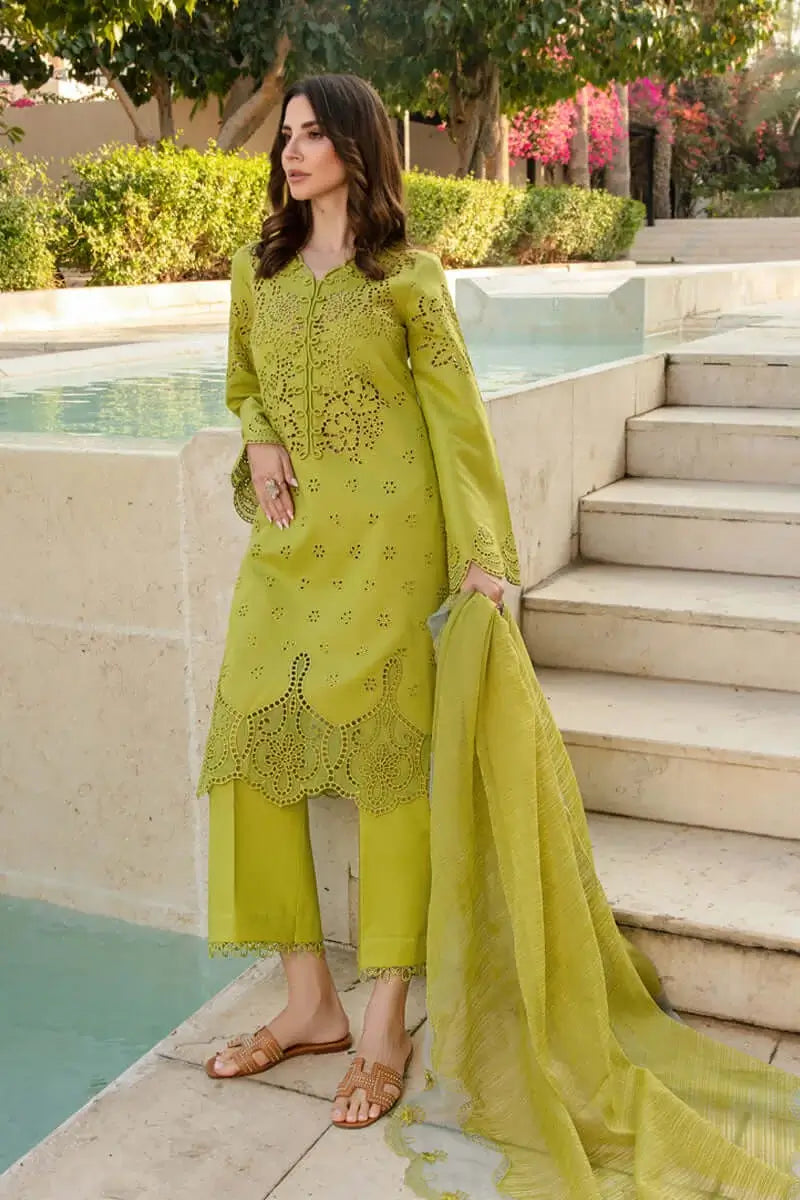 3 Piece Unstitched Heavy Embroidered Chickan Kari Lawn Suit with Four-sided Embroidered Organza Dupatta