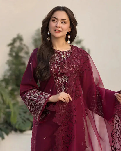 3 Piece Unstitched Heavy Embroidered Lawn Suit with Four-sided Embroidered Organza Dupatta