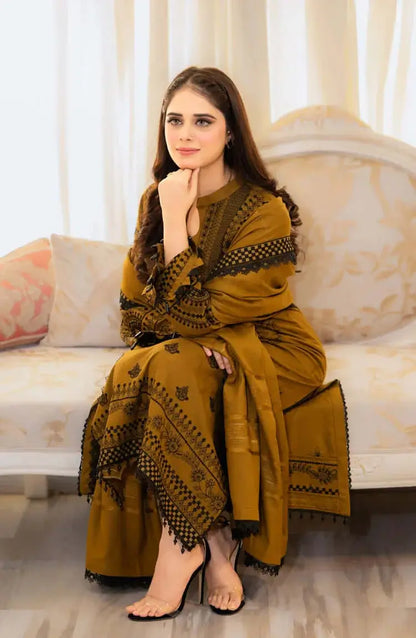 3 Piece Unstitched Heavy Embroidered Lawn Suit with Four-sided Embroidered Lawn Dupatta