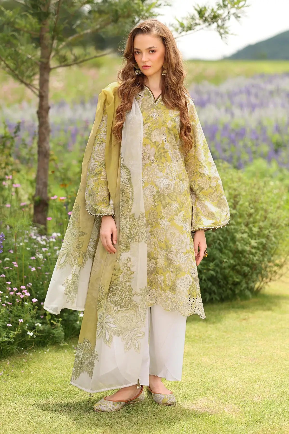 3 Piece Unstitched Embroidered Lawn Suit with Printed Lawn Dupatta