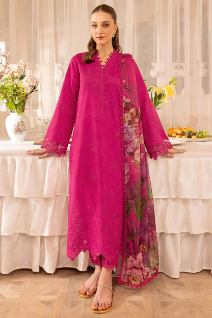3 Piece Unstitched Heavy Embroidered Chickan Kari Lawn Suit with Fine Printed Silk Dupatta