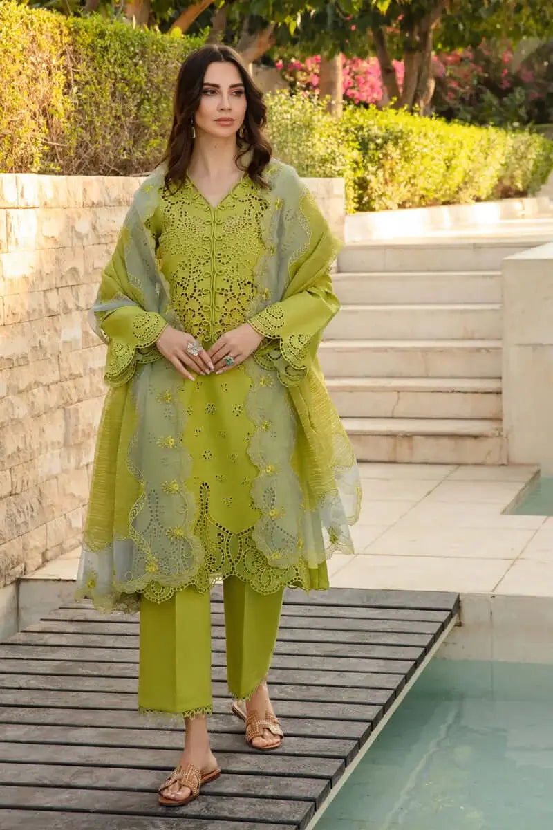 3 Piece Unstitched Heavy Embroidered Chickan Kari Lawn Suit with Four-sided Embroidered Organza Dupatta