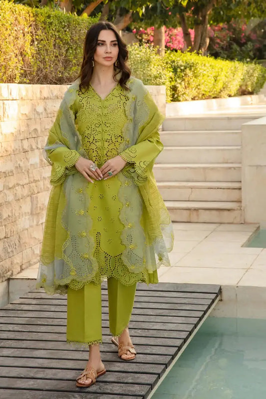 3 Piece Unstitched Heavy Embroidered Chickan Kari Lawn Suit with Four-sided Embroidered Organza Dupatta