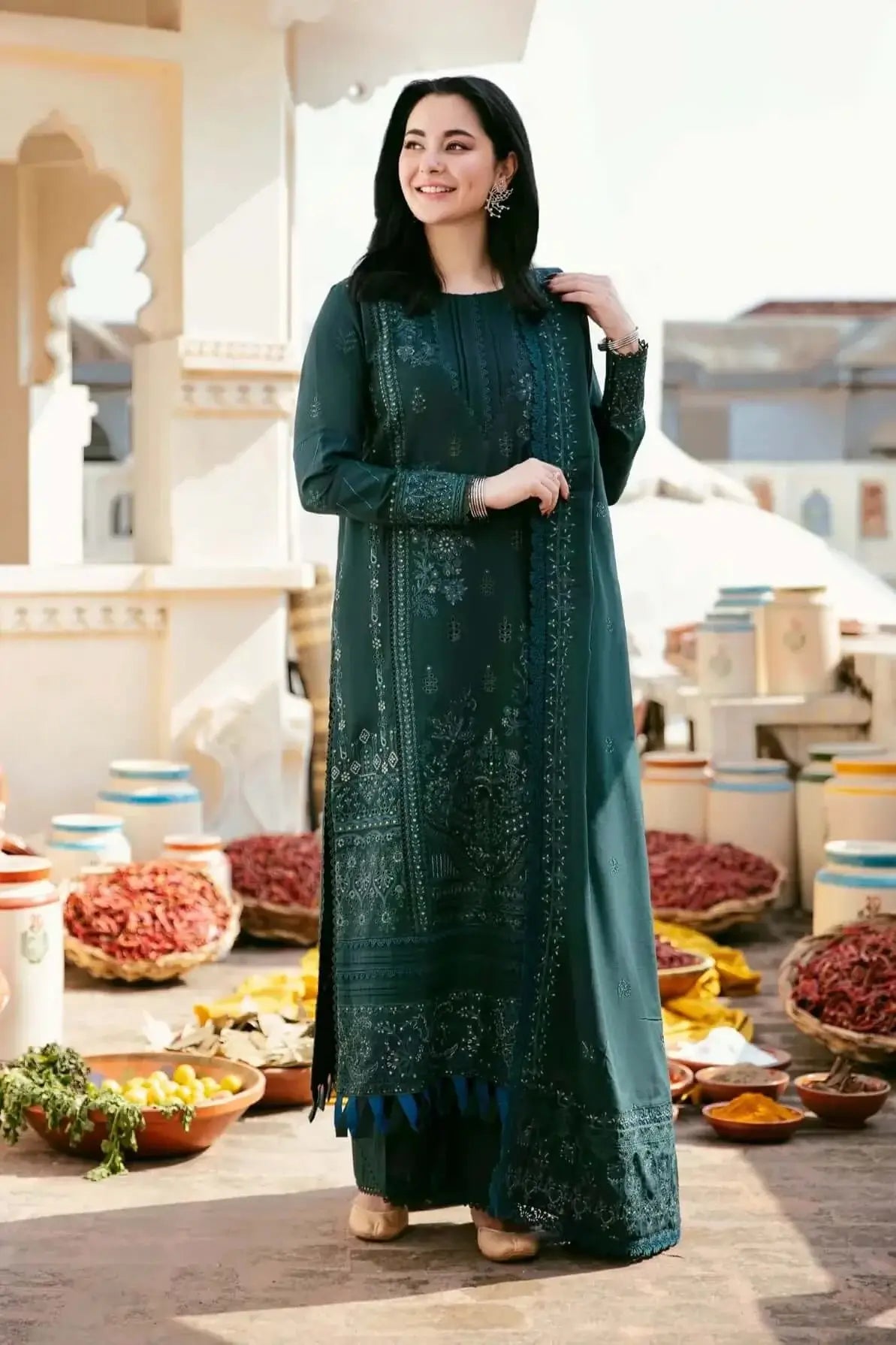3 Piece Unstitched Heavy Embroidered Lawn Suit with Four-sided Embroidered Lawn Dupatta