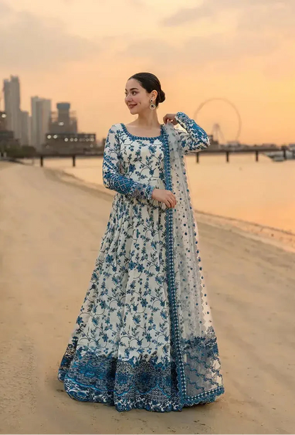 3 Piece Unstitched Heavy Embroidered Lawn Maxi with Four-sided Embroidered Organza Dupatta