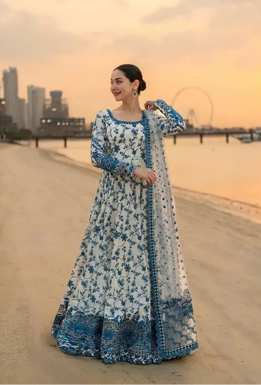 3 Piece Unstitched Heavy Embroidered Lawn Maxi with Four-sided Embroidered Organza Dupatta