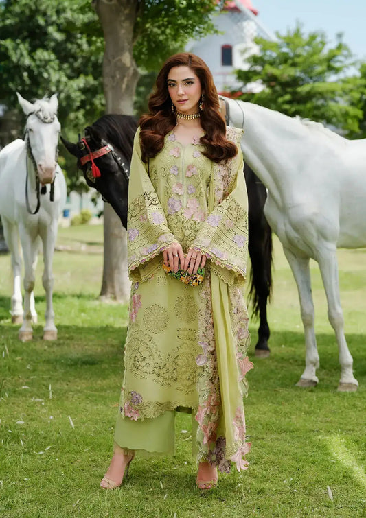 3 Piece Unstitched Heavy Embroidered Chickan Kari Lawn Suit with Four-sided Embroidered Cotton Net Dupatta