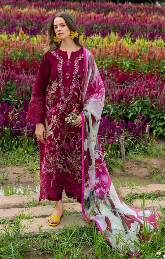 3 Piece Unstitched Heavy Embroidered Chickan Kari Lawn Suit with Fine Printed Silk Dupatta
